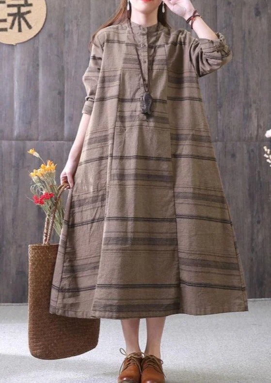 100% chocolate striped clothes stand collar drawstring Maxi Dress Cozy Knitted Maxi Dress