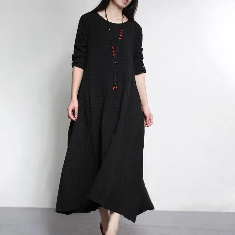 2021  Black Linen Silk Dresses Oversize Jacquard Vintage Maxi Dress Fashionable Chiffon Maxi Dress