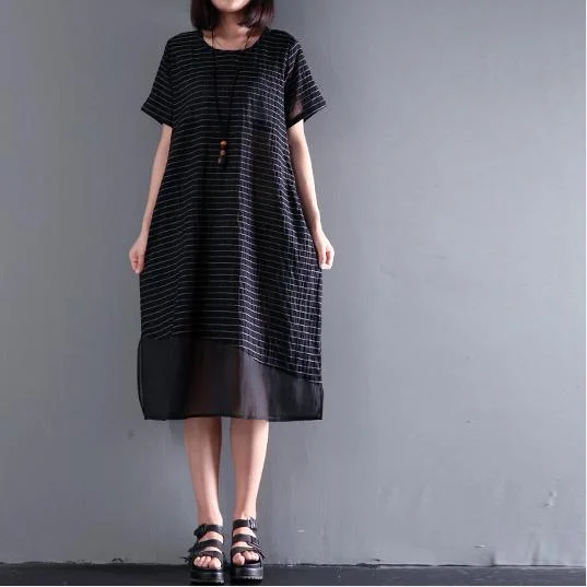 2017 black strips linen dress o neck maxi dresses plus size sundresses Cozy Cold-Shoulder Maxi Dress