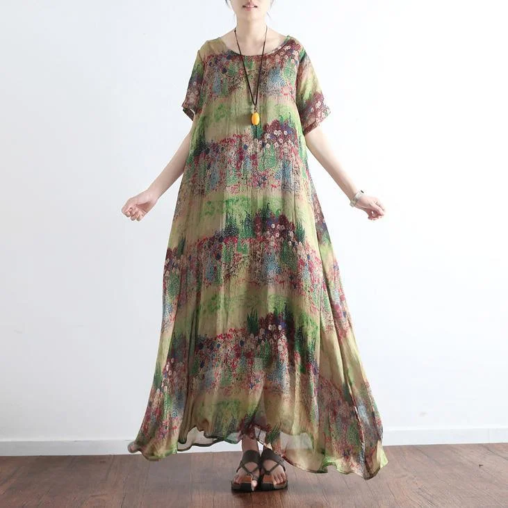 2022 Green Print Chiffon Dresses Casual Plus Size Maxi Dress Short Sleeve Large Hem Sundress Casual Maxi Dress with Pockets