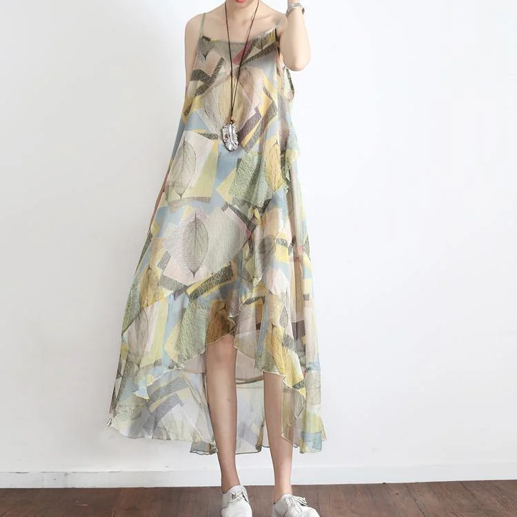 2017 green prints summer dresses plus size asymmetric chiffon sundress sleeveless maxi dress Stylish Boho Maxi Dress