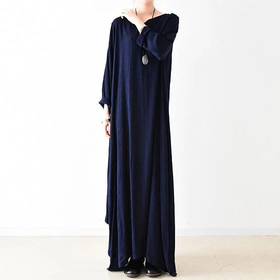 2021 New Spring Navy Cotton Dresses Long Cotton Maxi Dress Floor Length Caftans Cozy Maxi Dress with Slit