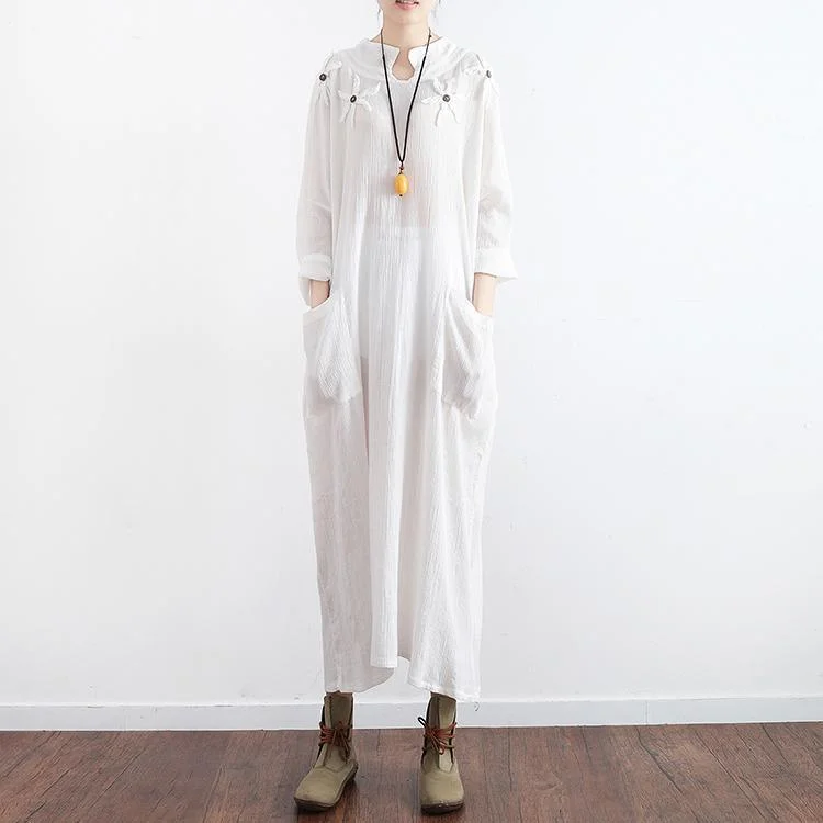 2017 new white vintage linen dresses mandarin mollar casual sundrss long sleeve maxi dress Fashionable Faux Wrap Maxi Dress