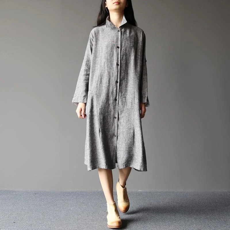 2017 spring dust gray buttons shirt dress woman long linen maxi dresses Comfortable Maxi Dress with Belt