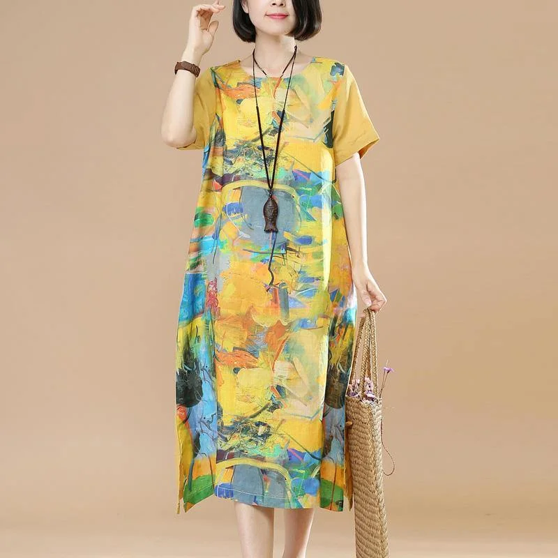 2018 yellow pirnts linen dresses plus size vintage sundress short sleeve maxi dress Comfortable Casual Maxi Dress