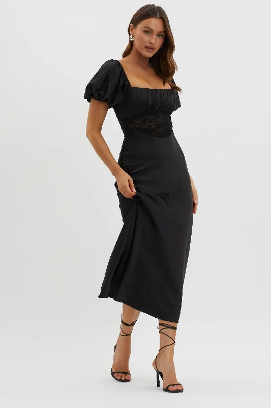 Allianna Puff Sleeve Lace Waist Midi Dress Black Fashionable Plaid Midi Dress