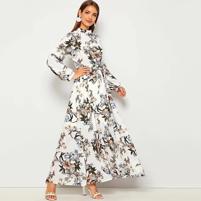 Allover Floral Print Self Tie Swing Maxi Dress Fashionable Sleeveless Maxi Dress