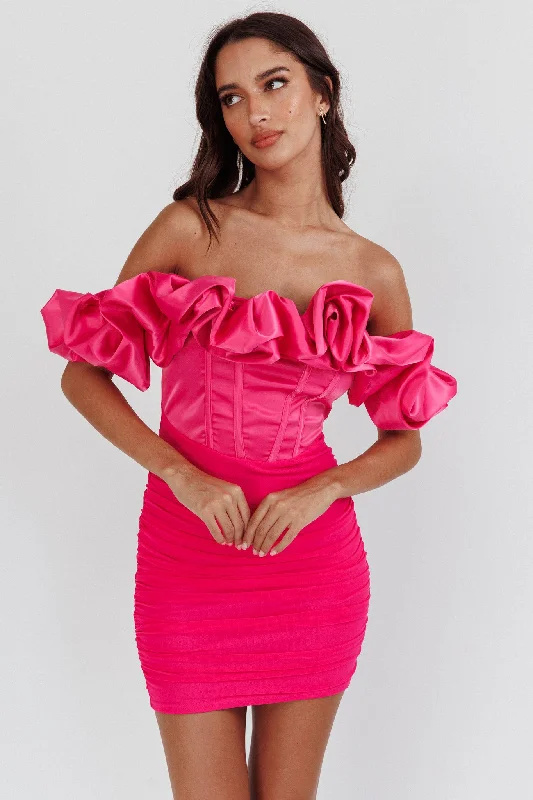 Arista Off-Shoulder Ruched Mini Dress Hot Pink Elegant Tulle Mini Dress