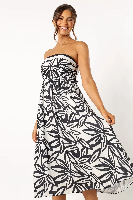 Arlene Strapless Midi Dress - Black White Comfortable Denim Midi Dress