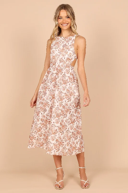 Aubrey Cutout Midi Dress - Tan Floral Fashionable Plaid Midi Dress