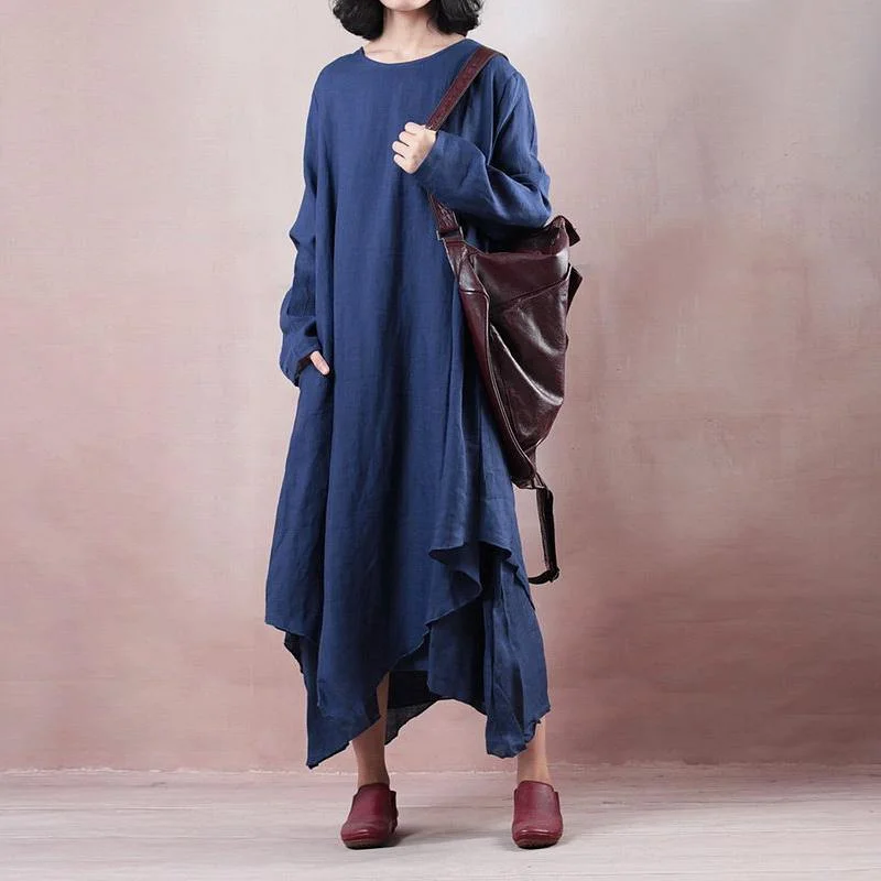 baggy blue linen maxi dress plus size long sleeve linen clothing dress casual asymmetric hem gown Cozy Cold-Shoulder Maxi Dress