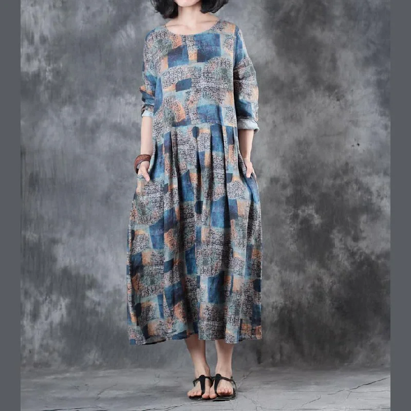 Baggy Blue Prints Chiffon Maxi Dress Loose Fitting Waist Drawstring Traveling Dress New O Neck Caftans Comfortable Fitted Maxi Dress