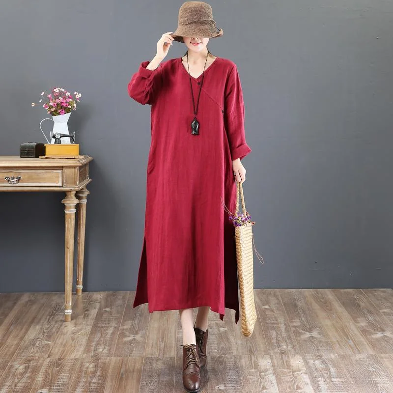 baggy red  natural linen dress  plussize linen maxi dress side open women v neck natural linen dress Trendy Satin Maxi Dress