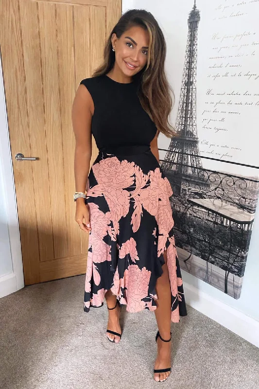 Black and Blush Floral Print 2 in 1 Midi Dress Comfortable Empire Waist Midi Dress