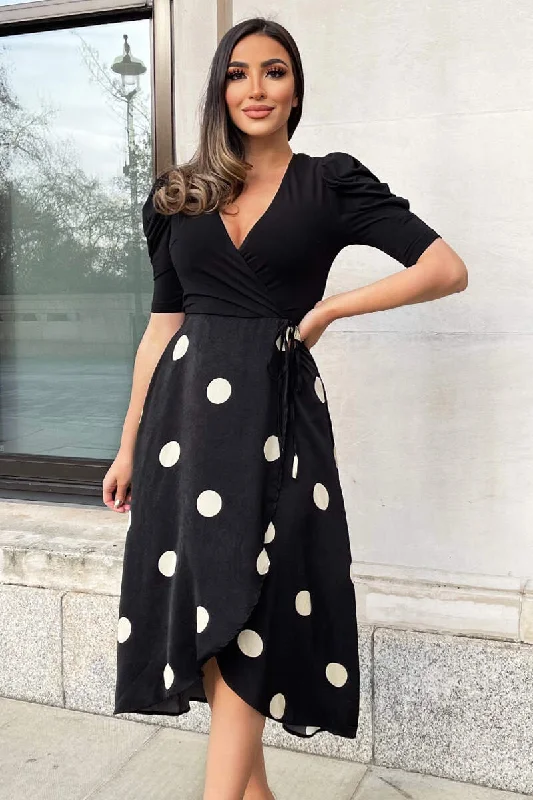 Black And Cream Polka Dot 2 in 1 Wrap Over Midi Dress Chic Floral Print Midi Dress