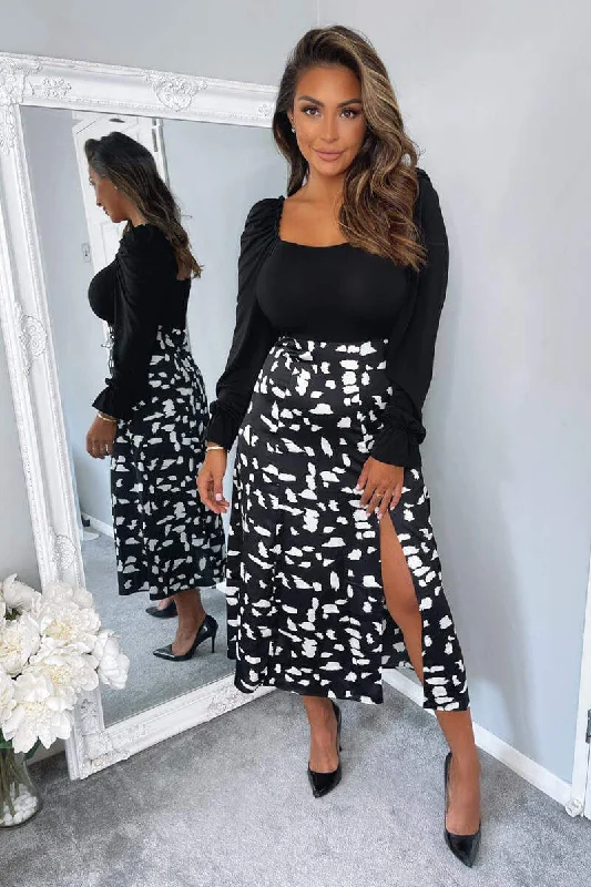 Black And White Square Neck 2 in 1 Midi Dress Trendy Long Sleeve Midi Dress