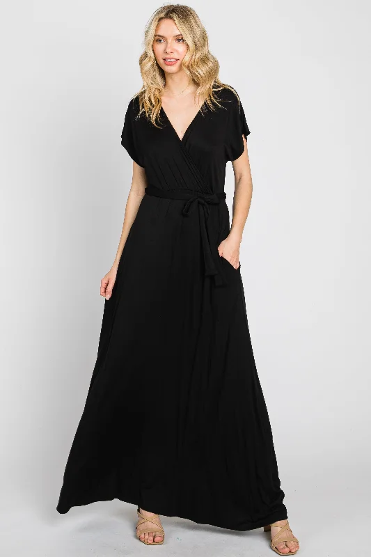 Black Basic Wrap Maxi Dress Elegant Velvet Maxi Dress