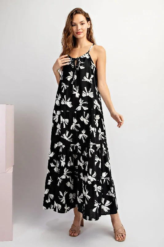 Black Bow Print Halter Front Tie Tiered Maxi Dress Stylish Button-Up Maxi Dress