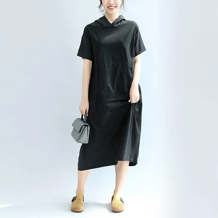 Black Casual Cotton Dresses Loose Hooded Sundress Short Sleeve Maxi Dress Elegant Sleeveless Maxi Dress