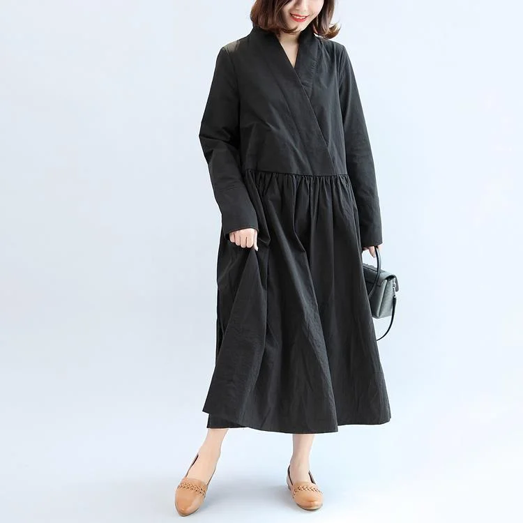 black casual cotton dresses oversize large hem long sleeve maxi dress Trendy Floral Print Maxi Dress