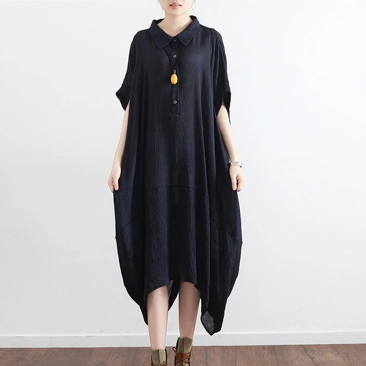 Black Casual Cotton Dresses Plus Size Asymmetricsundress Short Sleeve Maxi Dress Fashionable High-Low Maxi Dress