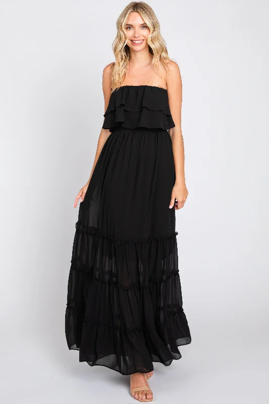 Black Chiffon Strapless Ruffle Tiered Maxi Dress Chic Button-Up Maxi Dress