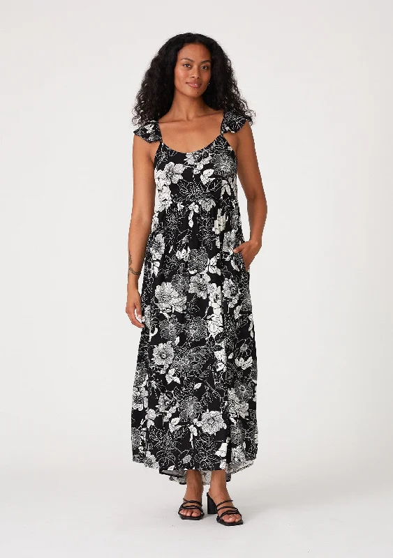 Black Floral Back Tie Maxi Dress Elegant Maxi Dress with Ruffles