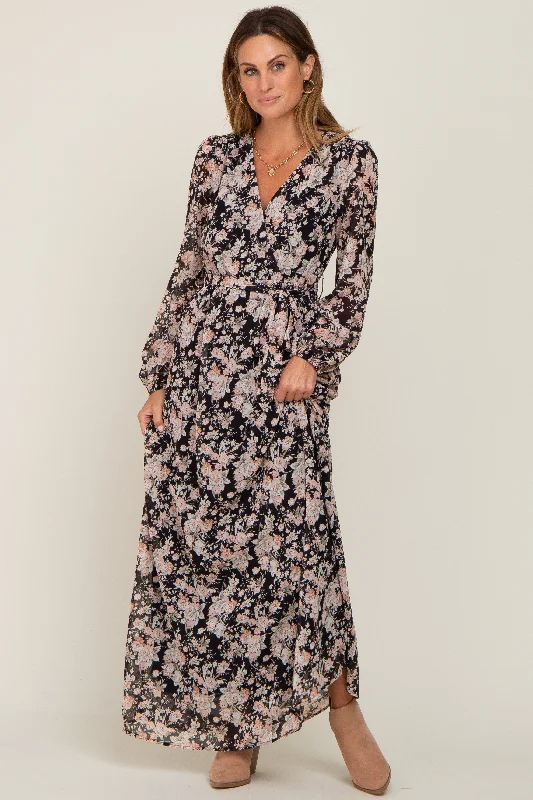 Black Floral Chiffon Maxi Dress Comfortable Bohemian Maxi Dress