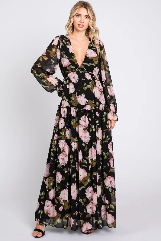 Black Floral Chiffon V-Neck Lettuce Edge Tiered Maxi Dress Stylish Longline Maxi Dress