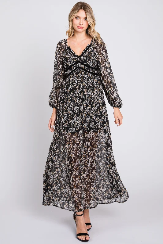 Black Floral Chiffon V-Neck Velvet Trim Maxi Dress Elegant Maxi Dress with Belt