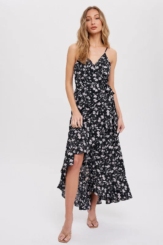 Black Floral Flounce Hi-Lo Wrap Maxi Dress Stylish Longline Maxi Dress