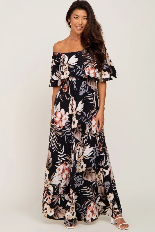 Black Floral Flounce Off Shoulder Maxi Dress Comfortable Pleated Maxi Dress