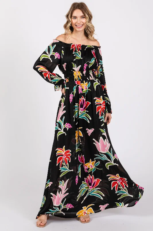 Black Floral Ruffle Neck Maxi Dress Trendy Ruffled Maxi Dress