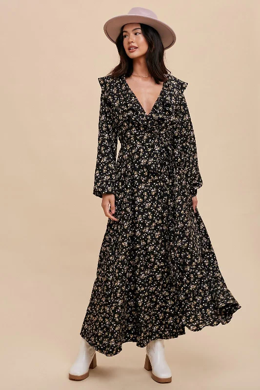 Black Floral Ruffle V-Neck Wrap Front Maxi Dress Comfortable Pleated Maxi Dress