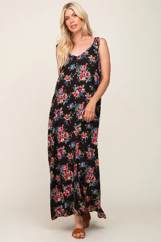 Black Floral Shoulder Tie Maxi Dress Trendy Off-Shoulder Ruffle Maxi Dress