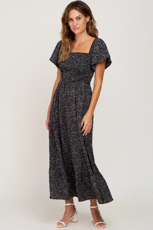 Black Floral Smocked Maxi Dress Comfortable Casual Maxi Dress