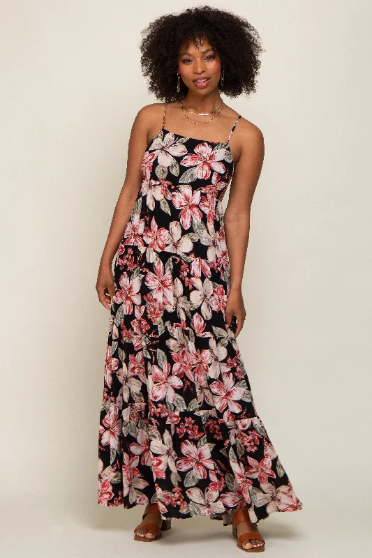 Black Floral Square Neck Tiered Maxi Dress Fashionable Asymmetrical Maxi Dress