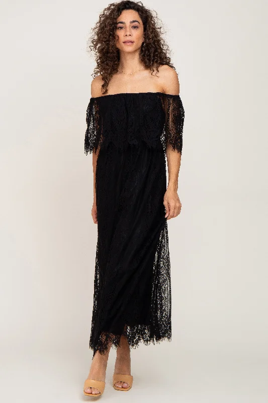 Black Lace Off Shoulder Maxi Dress Trendy Short Sleeve Maxi Dress