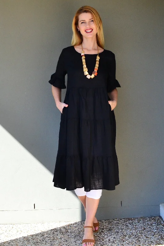 Black Linen Blend Midi Dress Trendy Ruffled Sleeve Midi Dress