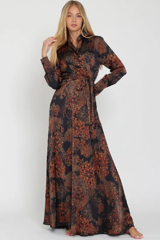 Black Long Sleeve Shirt Collar Wrap Maxi Dress Trendy Short Sleeve Maxi Dress