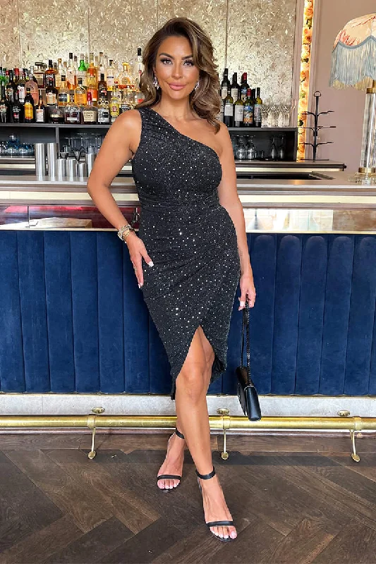 Black Metallic Sparkle and Sequin One Shoulder Draped Wrap Skirt Midi Dress Stylish Vintage Midi Dress