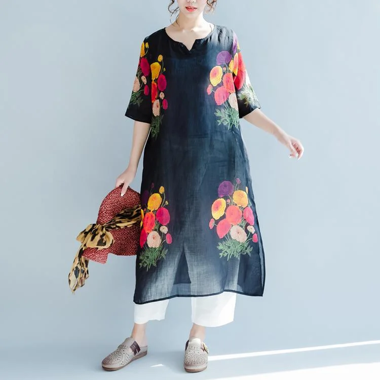 black print casual dress linen loose sundress short sleeve maxi dress side open Trendy Off-Shoulder Ruffle Maxi Dress