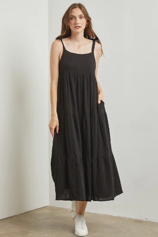 Black Sleeveless Tiered Maxi Dress Elegant Maxi Dress with Belt