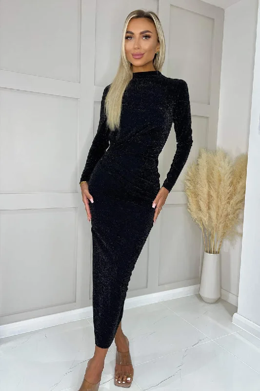 Black Sparkly Long Sleeve Ruched Bodycon Midi Dress Trendy Midi Dress with Belt