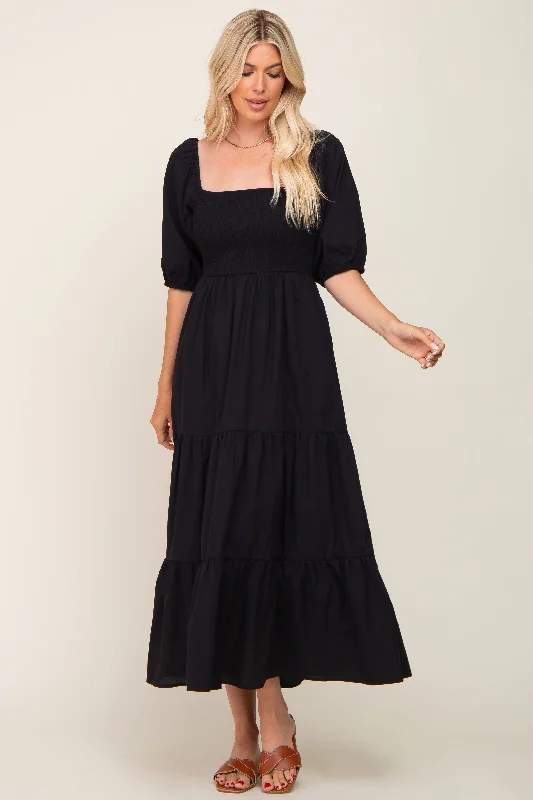 Black Square Neck Smocked Tiered Maxi Dress Comfortable Ruffle Hem Maxi Dress