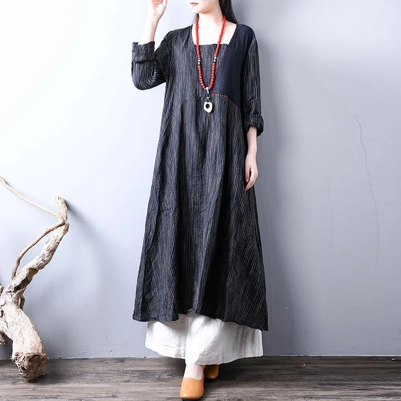 black striped casual linen dresses plus size women long sleeve maxi dress Comfortable Flowy Maxi Dress