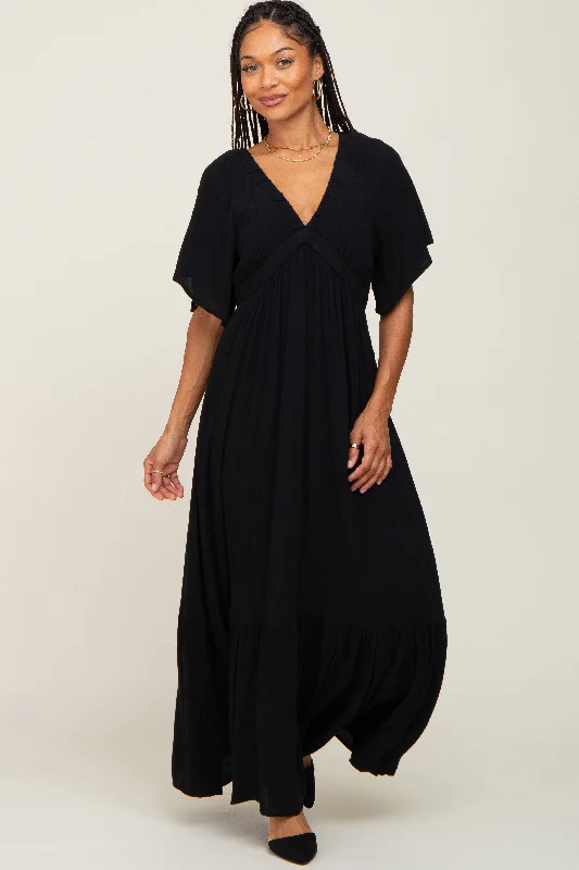 Black V-Neck Flounce Sleeve Maxi Dress Elegant Floral Maxi Dress