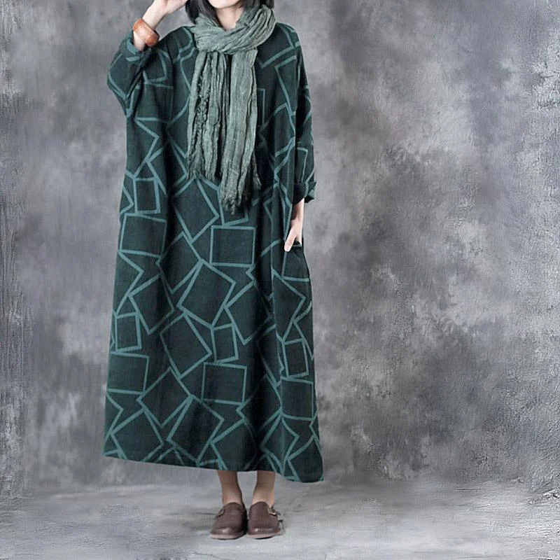 blackish green fashion geometric cotton gown plus size o neck long sleeve maxi dress Stylish Off-Shoulder Maxi Dress