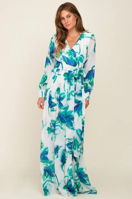 Blue Brush Stroke Print Chiffon Maxi Dress Chic Summer Maxi Dress