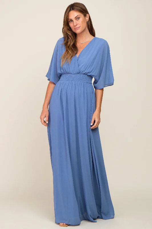 Blue Chiffon V-Neck Smocked Waist Maxi Dress Classic V-Neck Maxi Dress